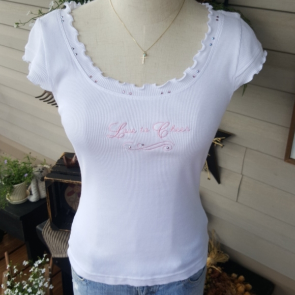 KAVIO ♡ White Embroidered Pink "Love to Cheer" Ruffled Embellished Bling Top XL - Picture 11 of 17